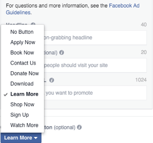 call to action buttons Facebook adverts
